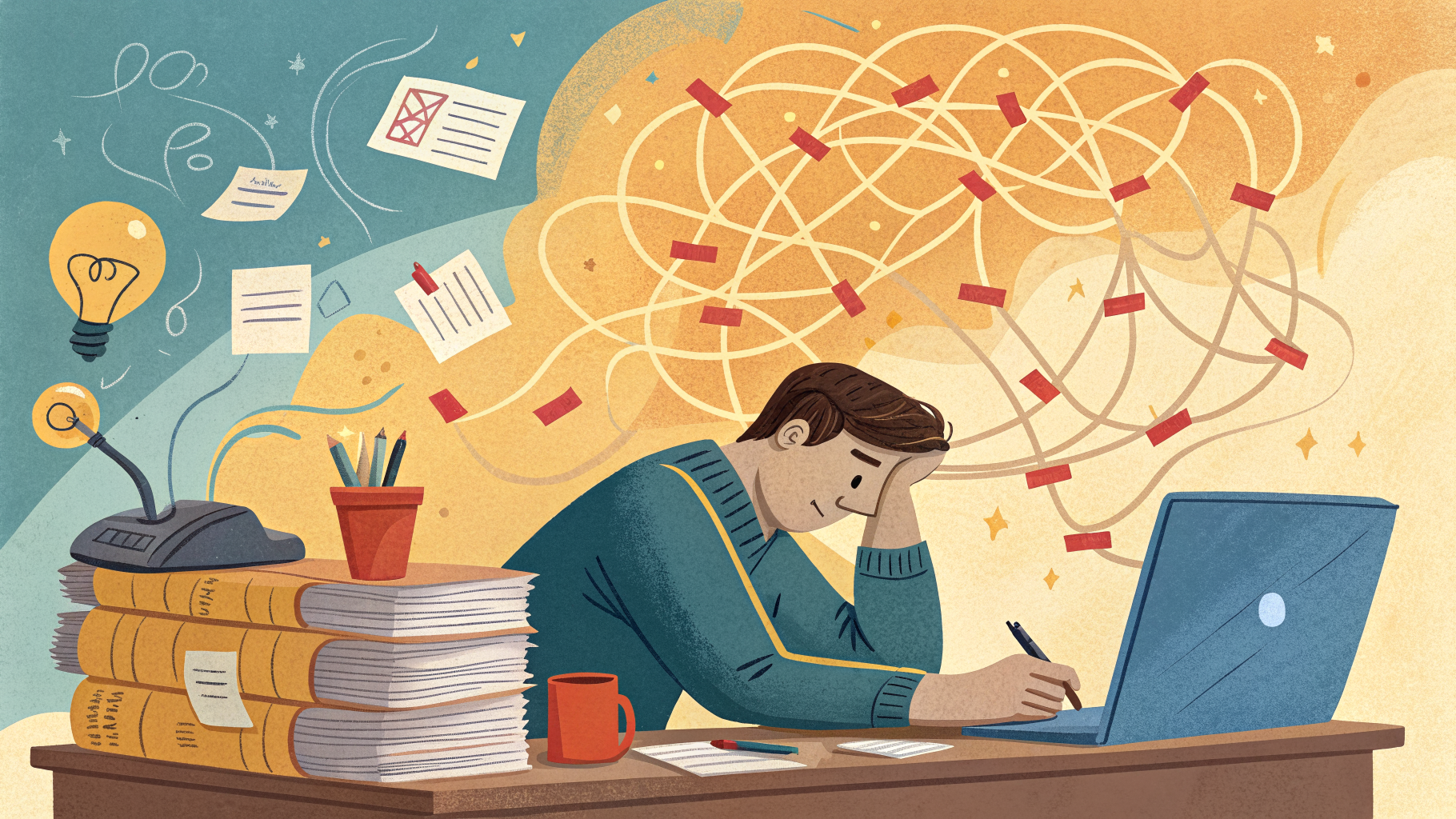 Hand-drawn editorial illustration clean lines warm colors A tired figure