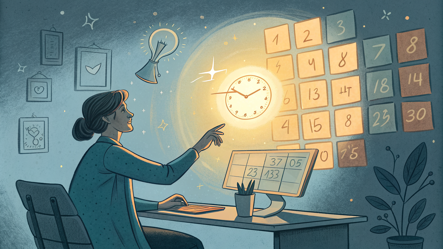 Hand-drawn editorial illustration clean lines warm colors A person at