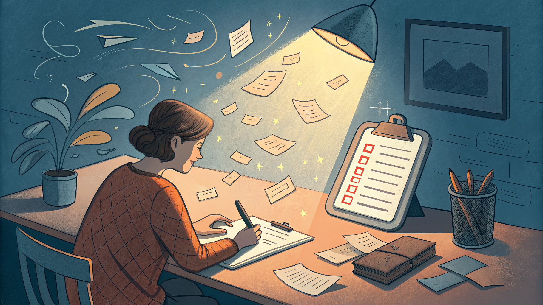 Hand-drawn editorial illustration clean lines warm colors A person at