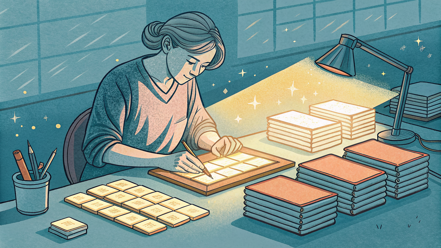 Hand-drawn editorial illustration clean lines warm colors A person at