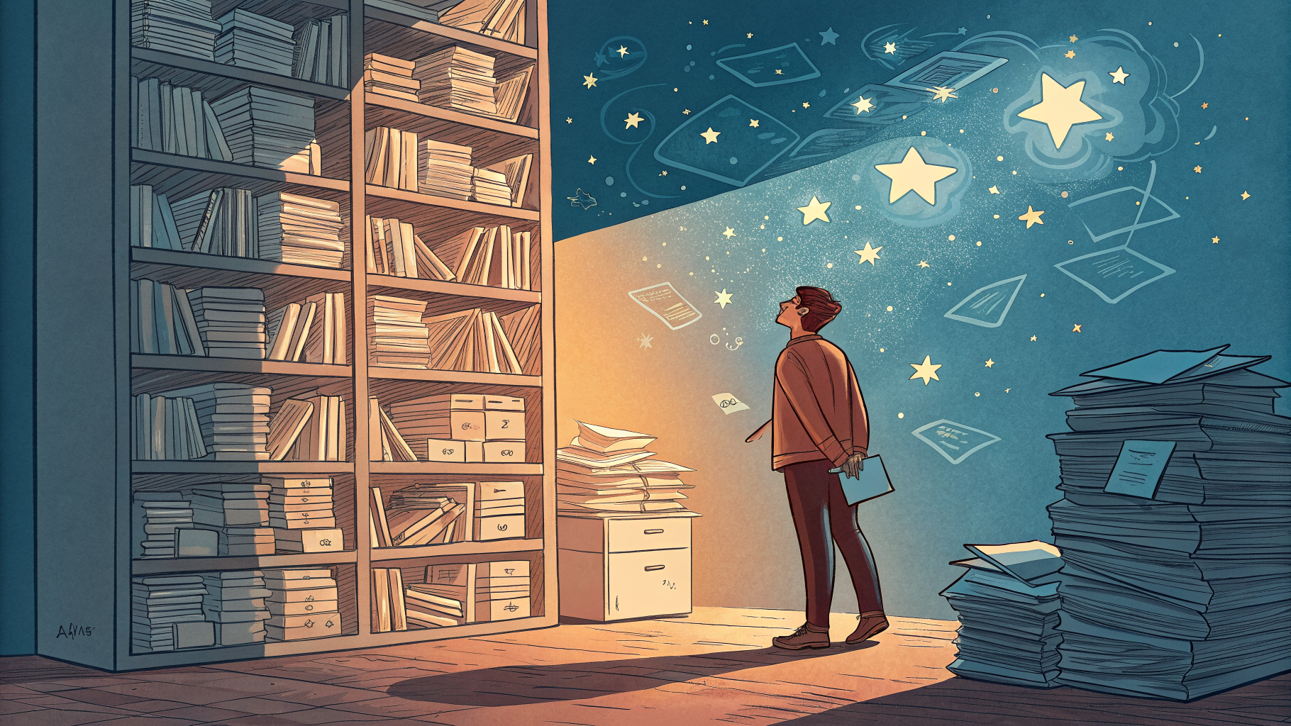 Hand-drawn editorial illustration clean lines warm colors A person stands