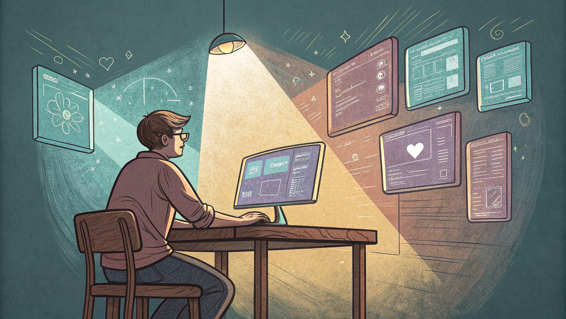 Hand-drawn editorial illustration clean lines warm colors A programmer at