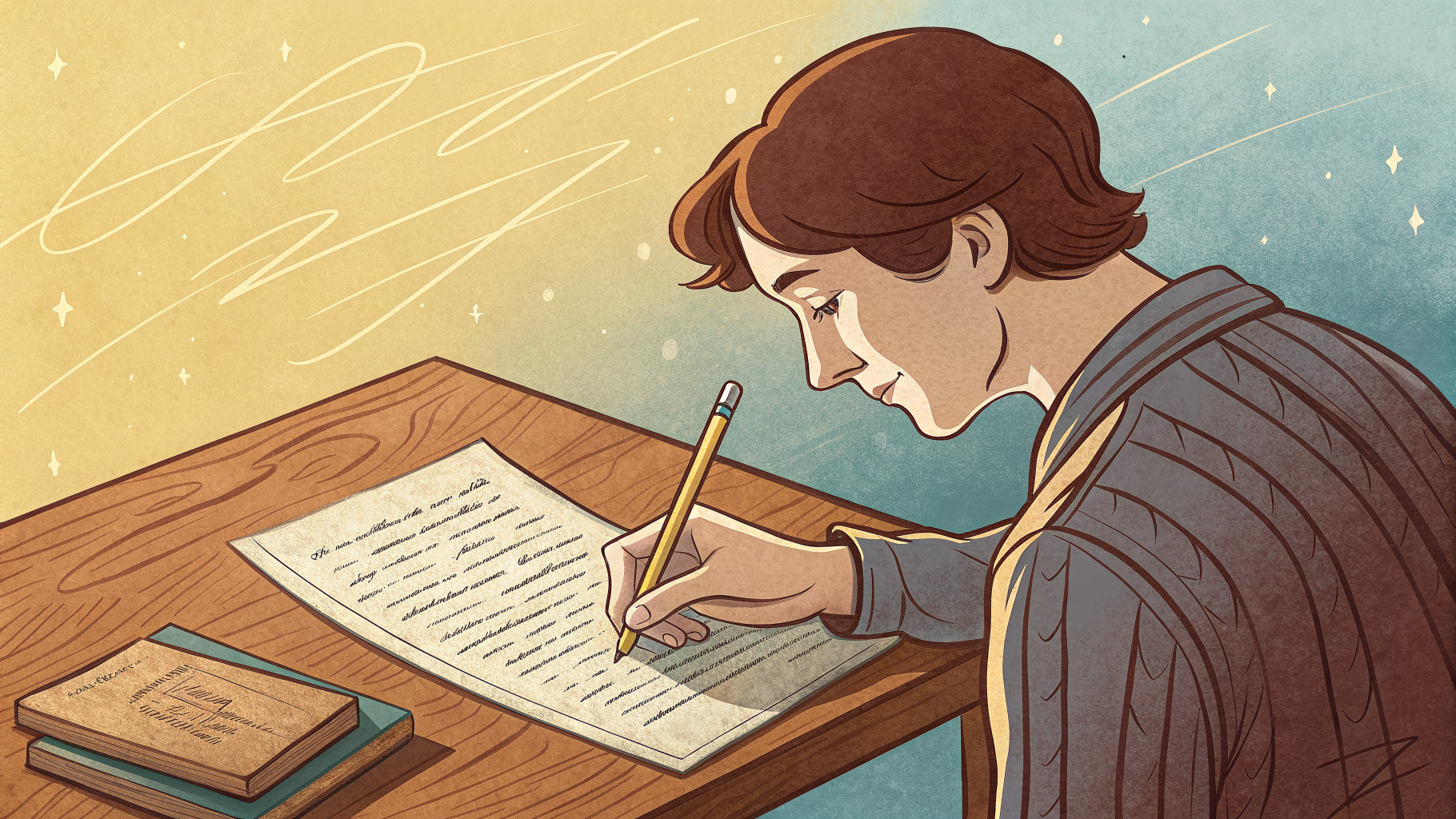 Hand-drawn editorial illustration clean lines warm colors A writer at
