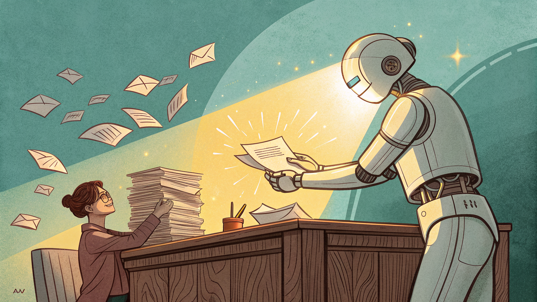 Hand-drawn editorial illustration clean lines warm colors A person at