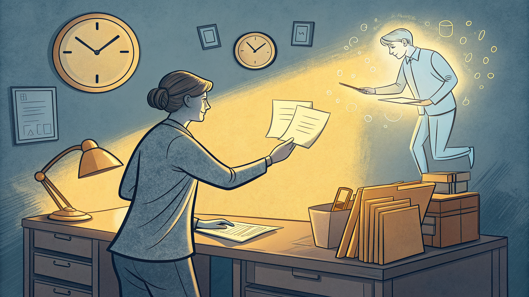 Hand-drawn editorial illustration clean lines warm colors A person at