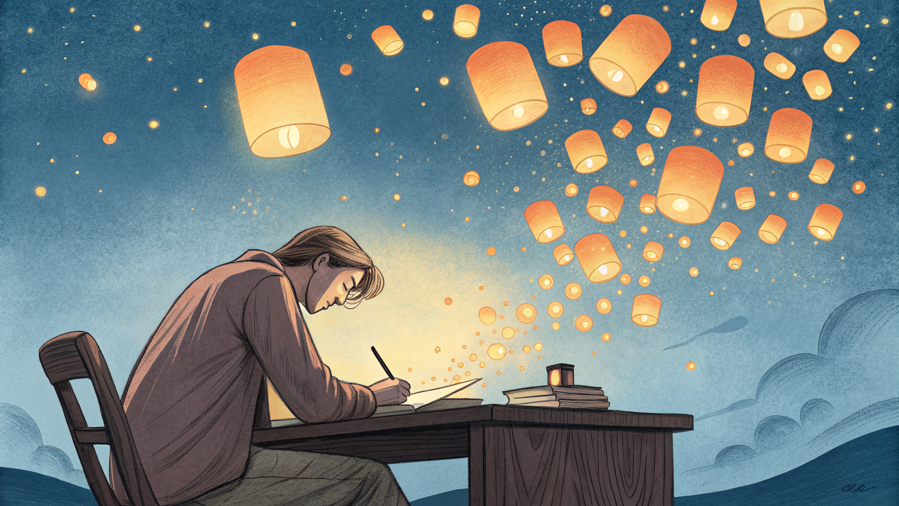 Hand-drawn editorial illustration clean lines warm colors A writer sits