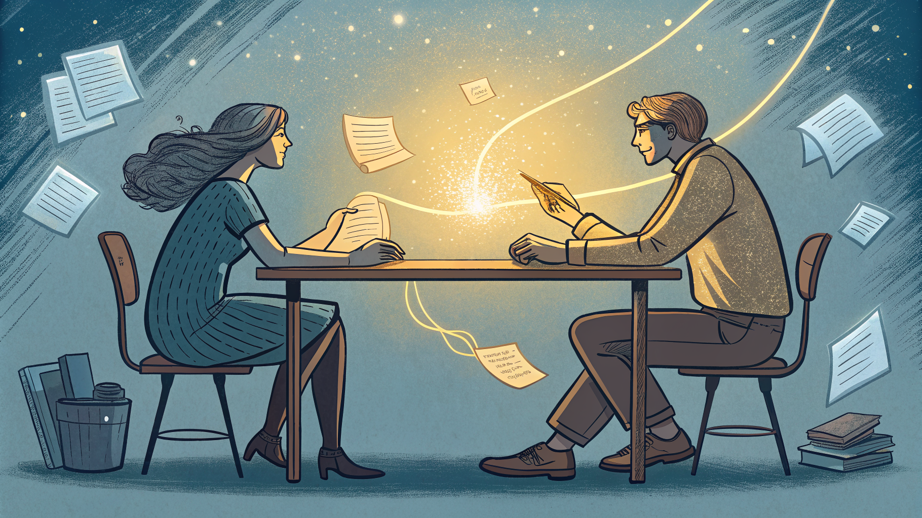 Hand-drawn editorial illustration clean lines warm colors Two figures at