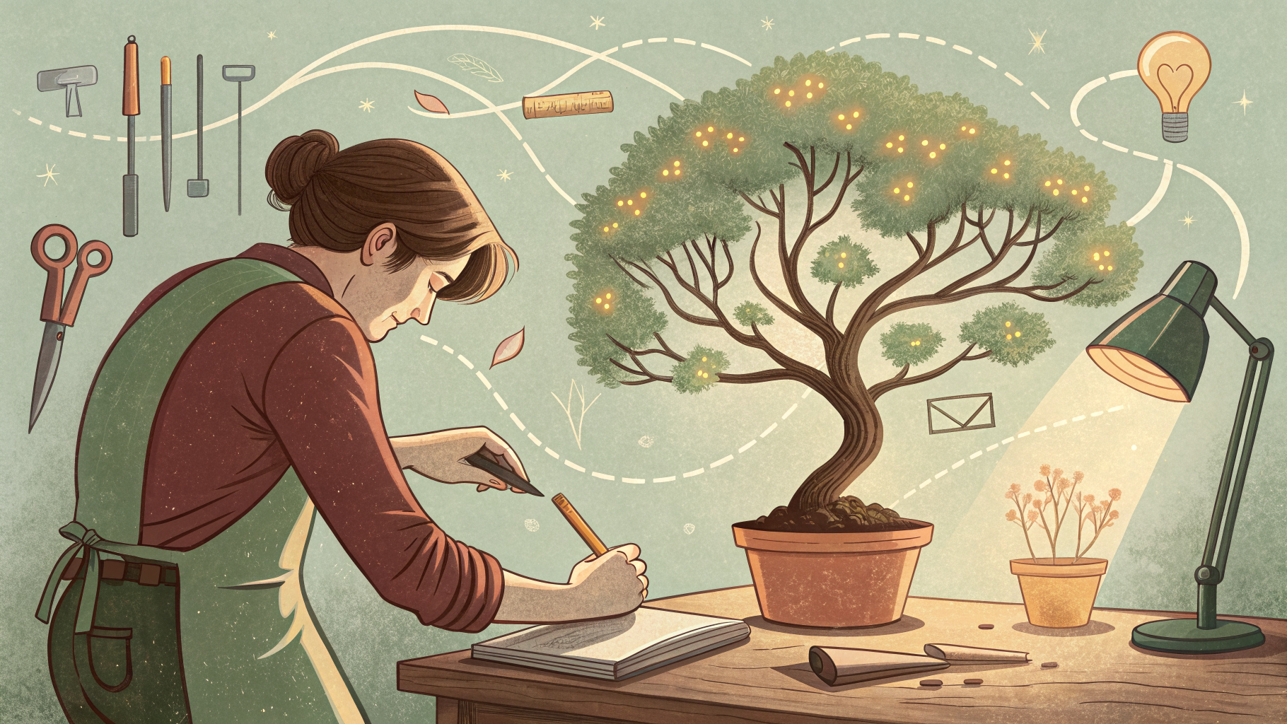 Hand-drawn editorial illustration clean lines warm colors A gardener's hands