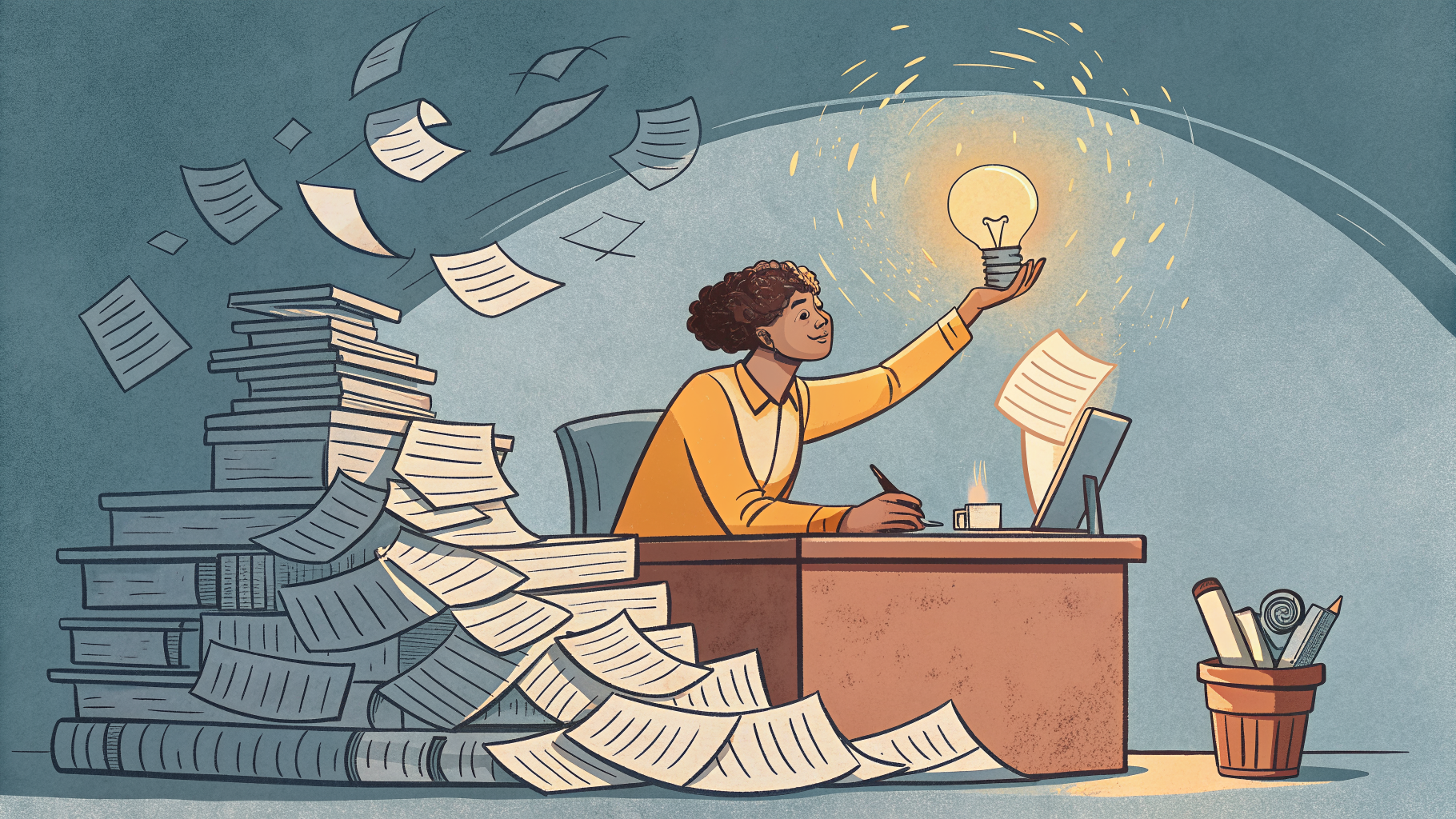 Hand-drawn editorial illustration clean lines warm colors A person at