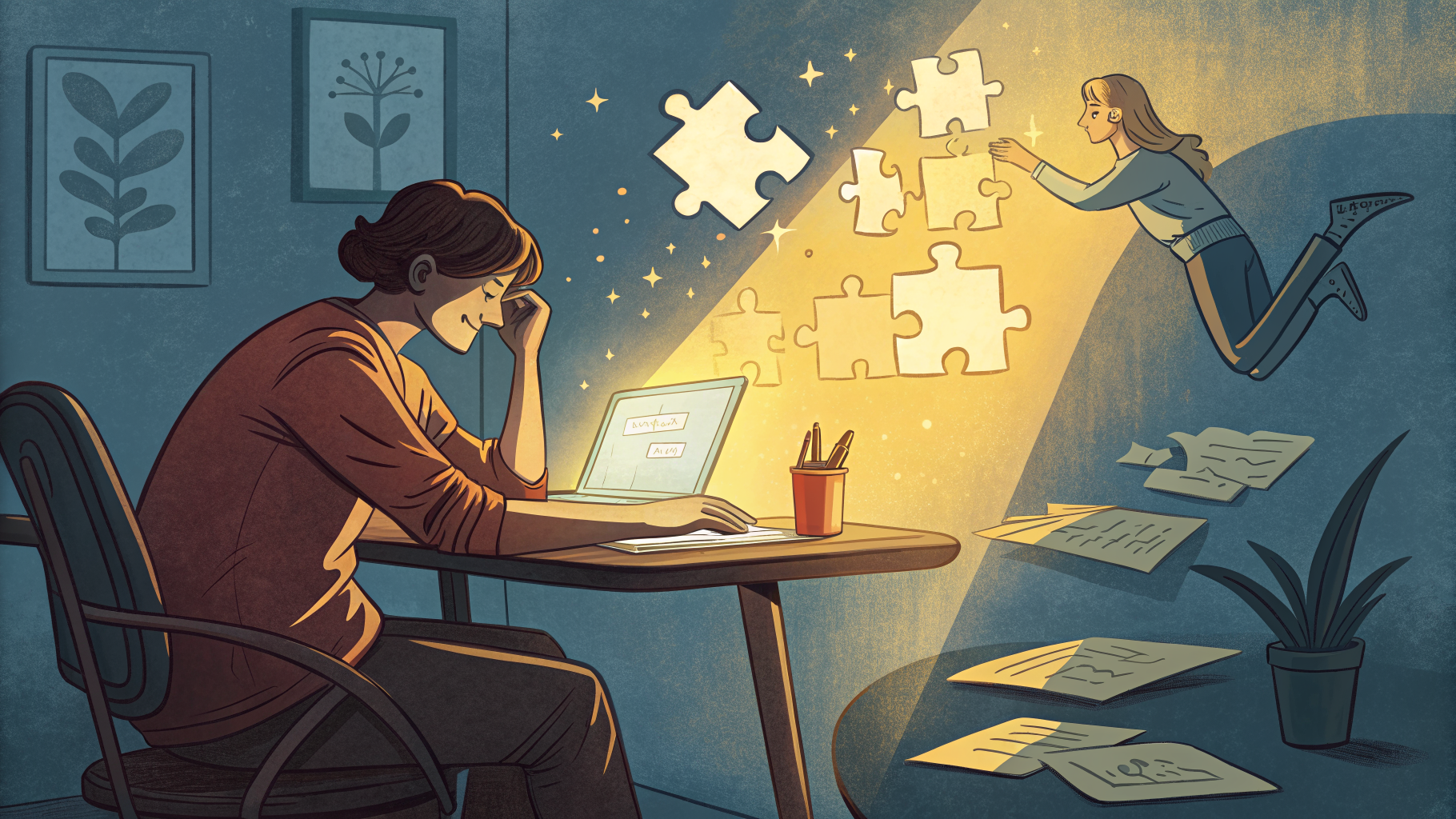 Hand-drawn editorial illustration clean lines warm colors A person leans