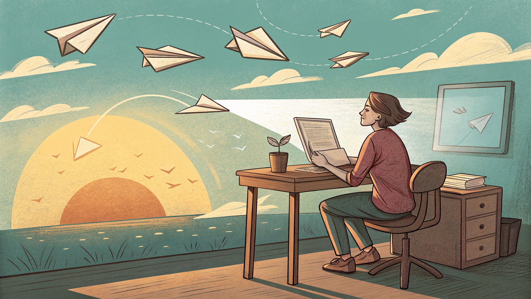 Hand-drawn editorial illustration clean lines warm colors A person at