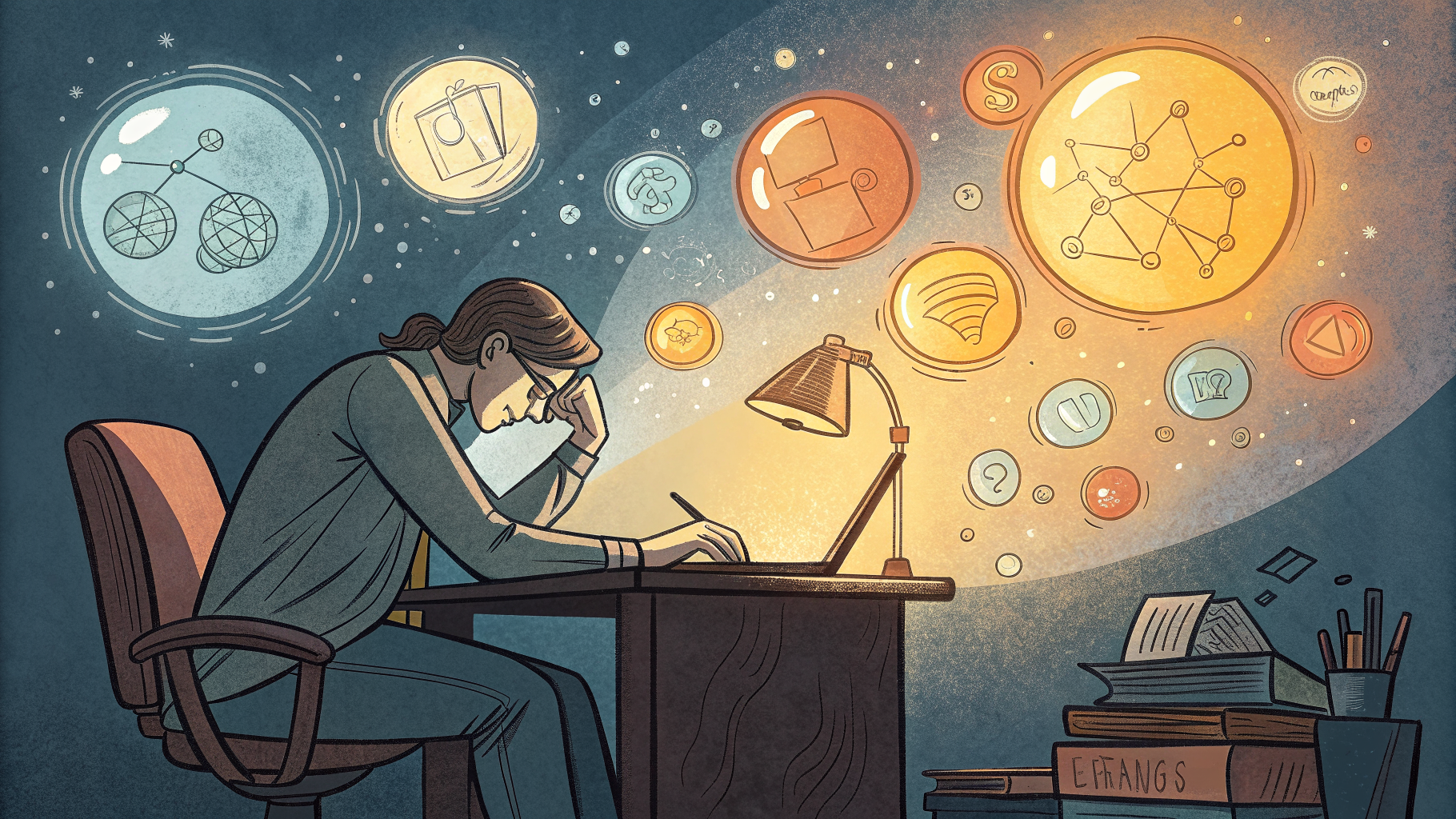 Hand-drawn editorial illustration clean lines warm colors A weary researcher