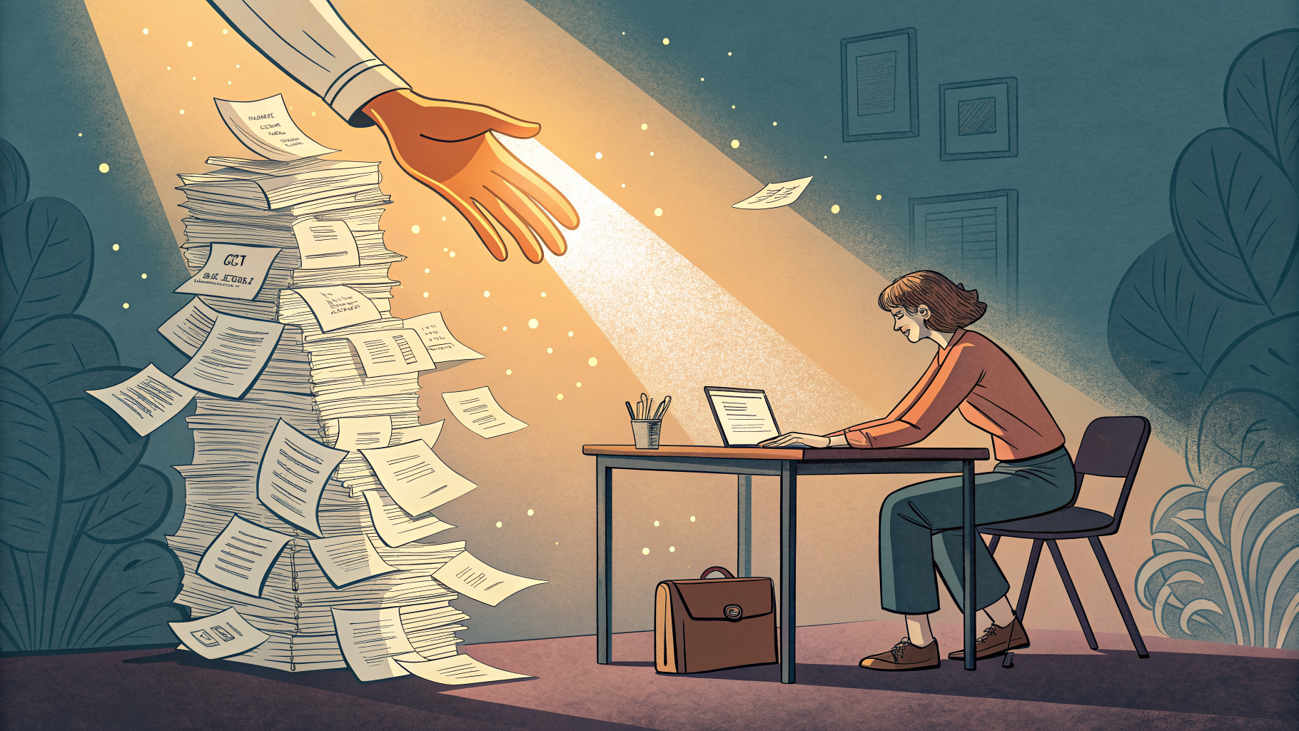 Hand-drawn editorial illustration clean lines warm colors A person sits