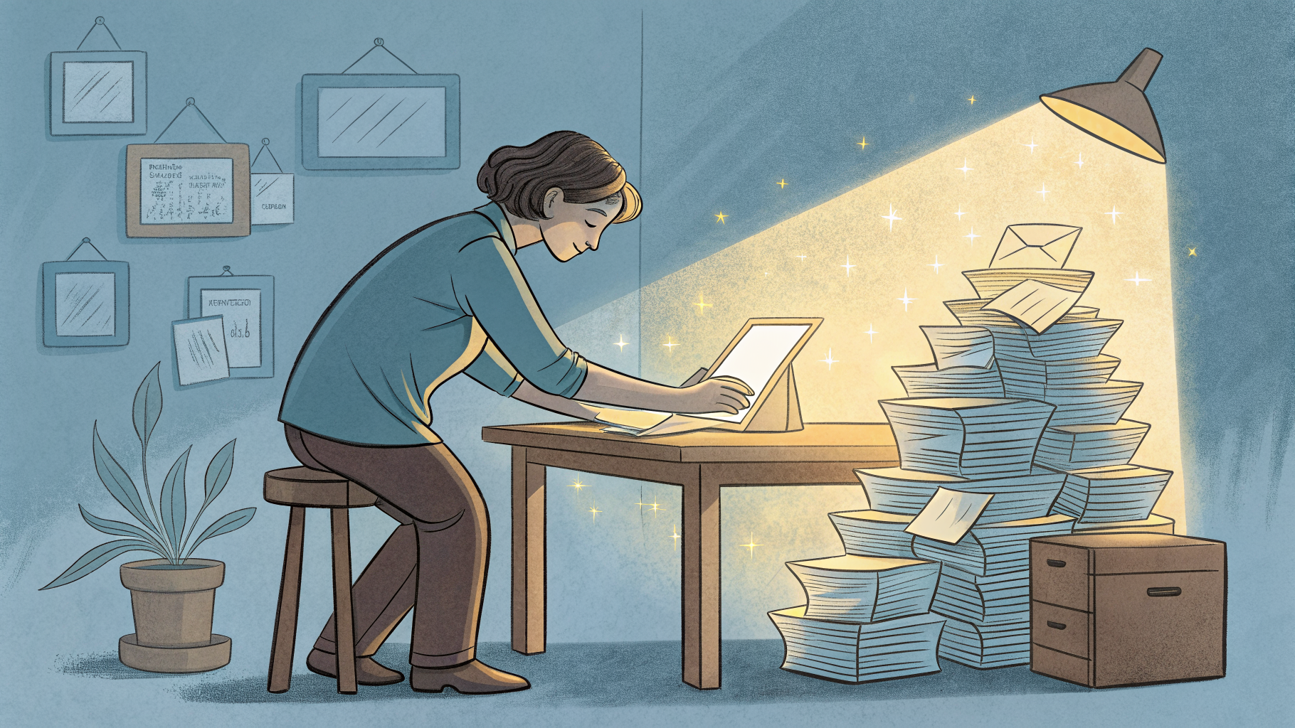 Hand-drawn editorial illustration clean lines warm colors A person at