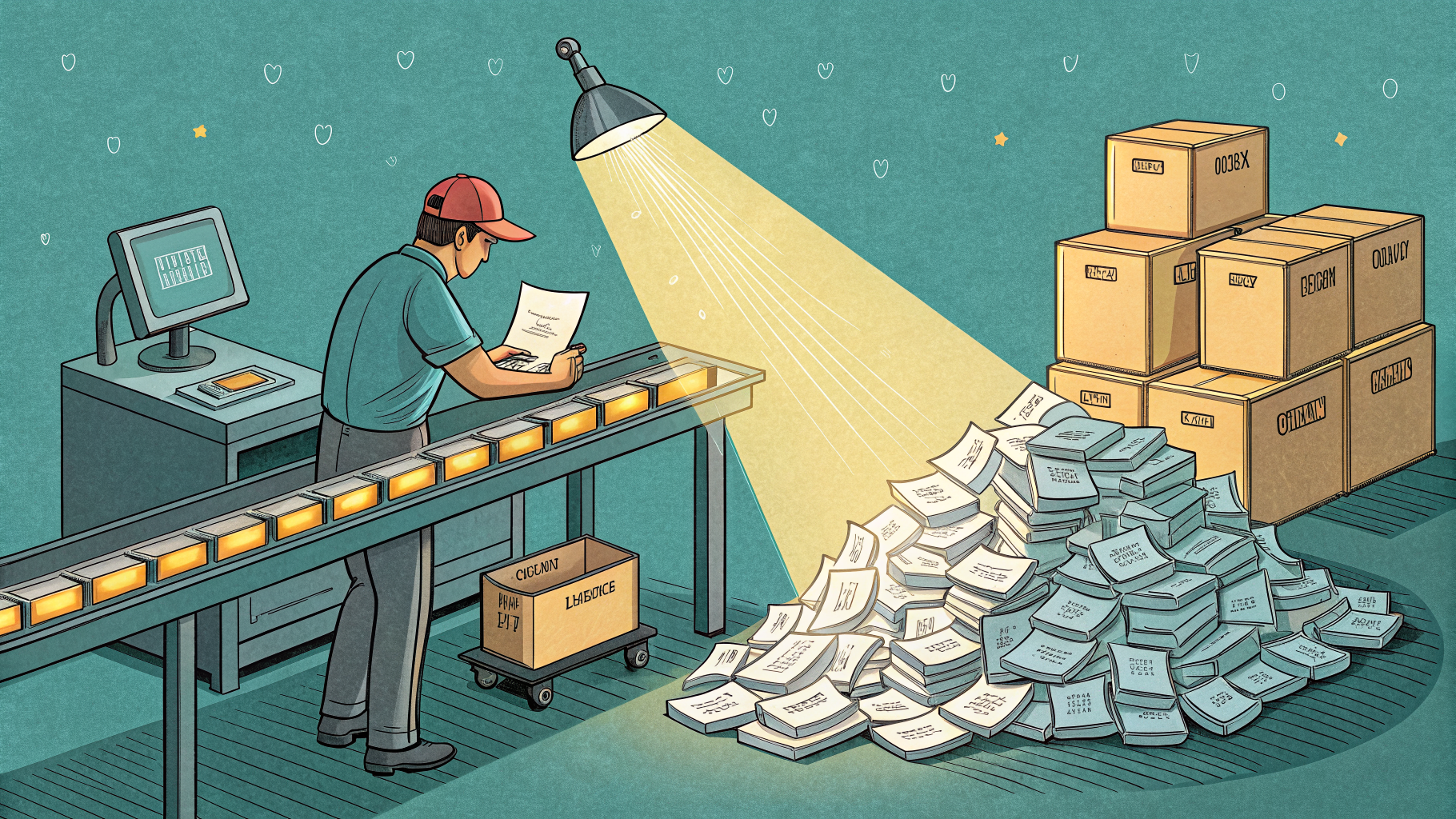 Hand-drawn editorial illustration clean lines warm colors A worker at