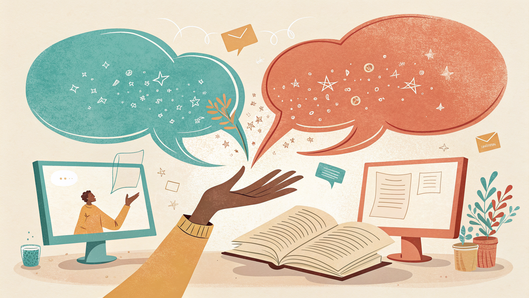 Hand-drawn editorial illustration clean lines warm colors Two paper speech