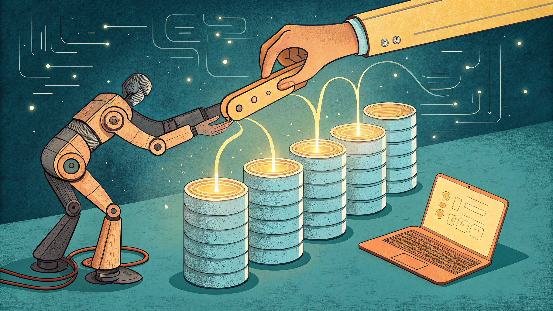 Hand-drawn editorial illustration clean lines warm colors A robot hand