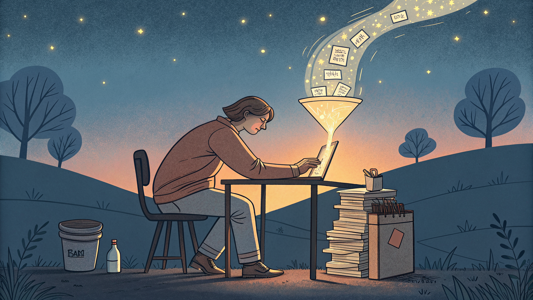 Hand-drawn editorial illustration clean lines warm colors A weary figure