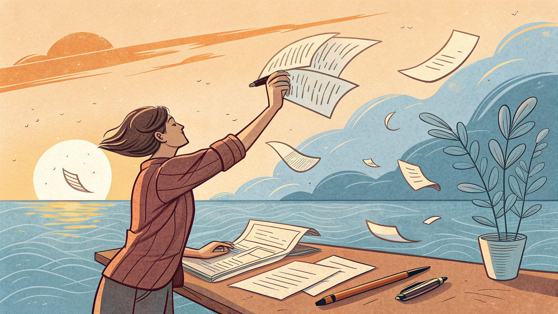 Hand-drawn editorial illustration clean lines warm colors A person at