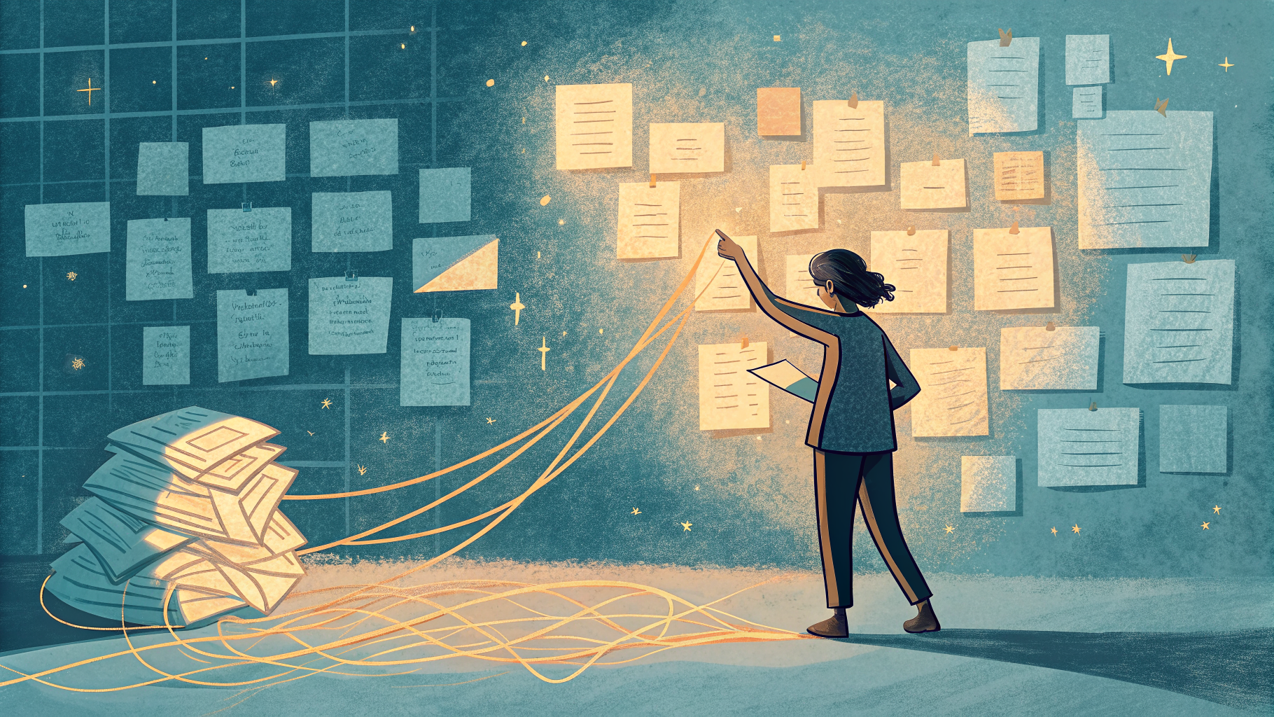 Hand-drawn editorial illustration clean lines warm colors A figure stands