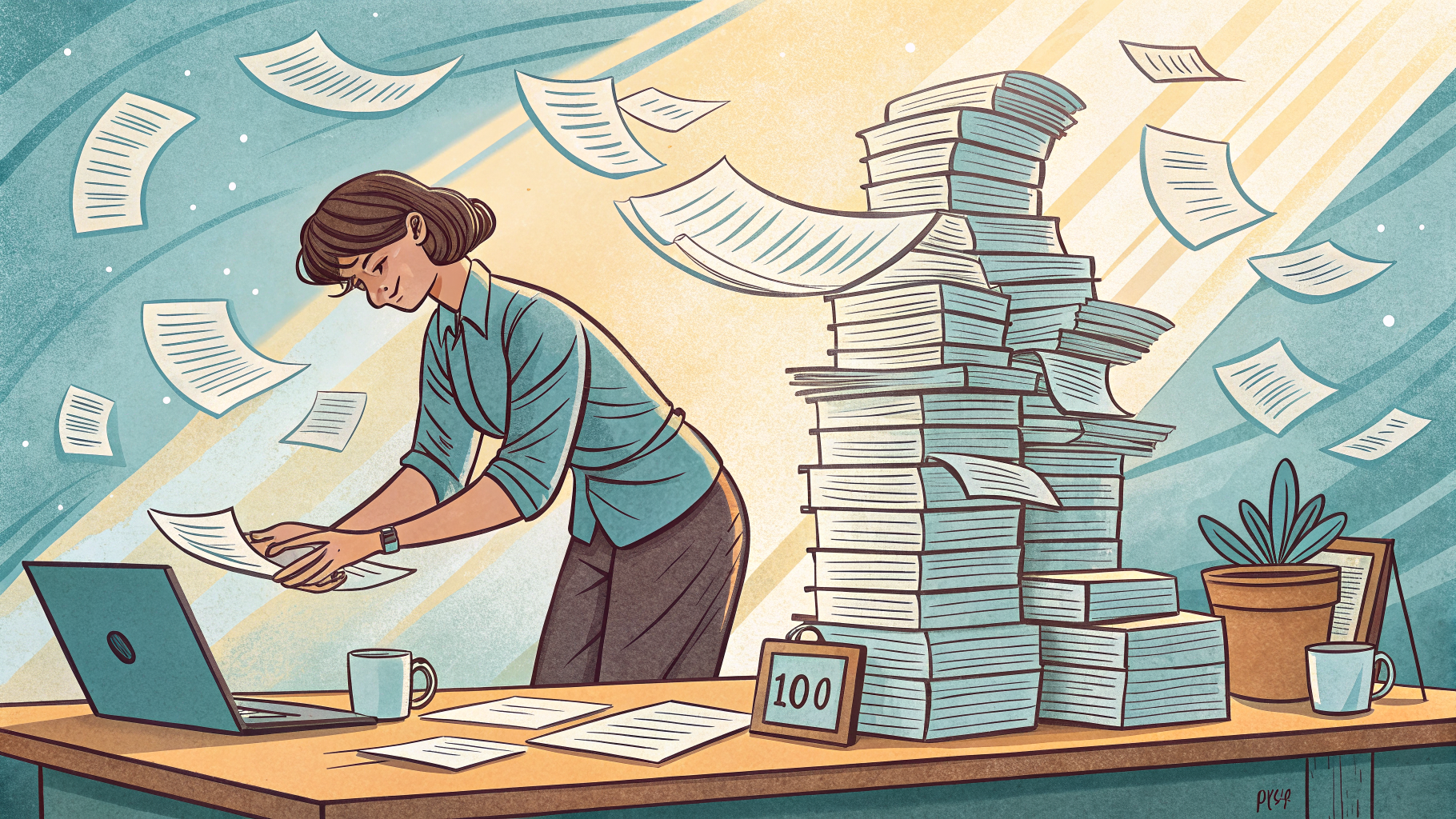 Hand-drawn editorial illustration clean lines warm colors A person at