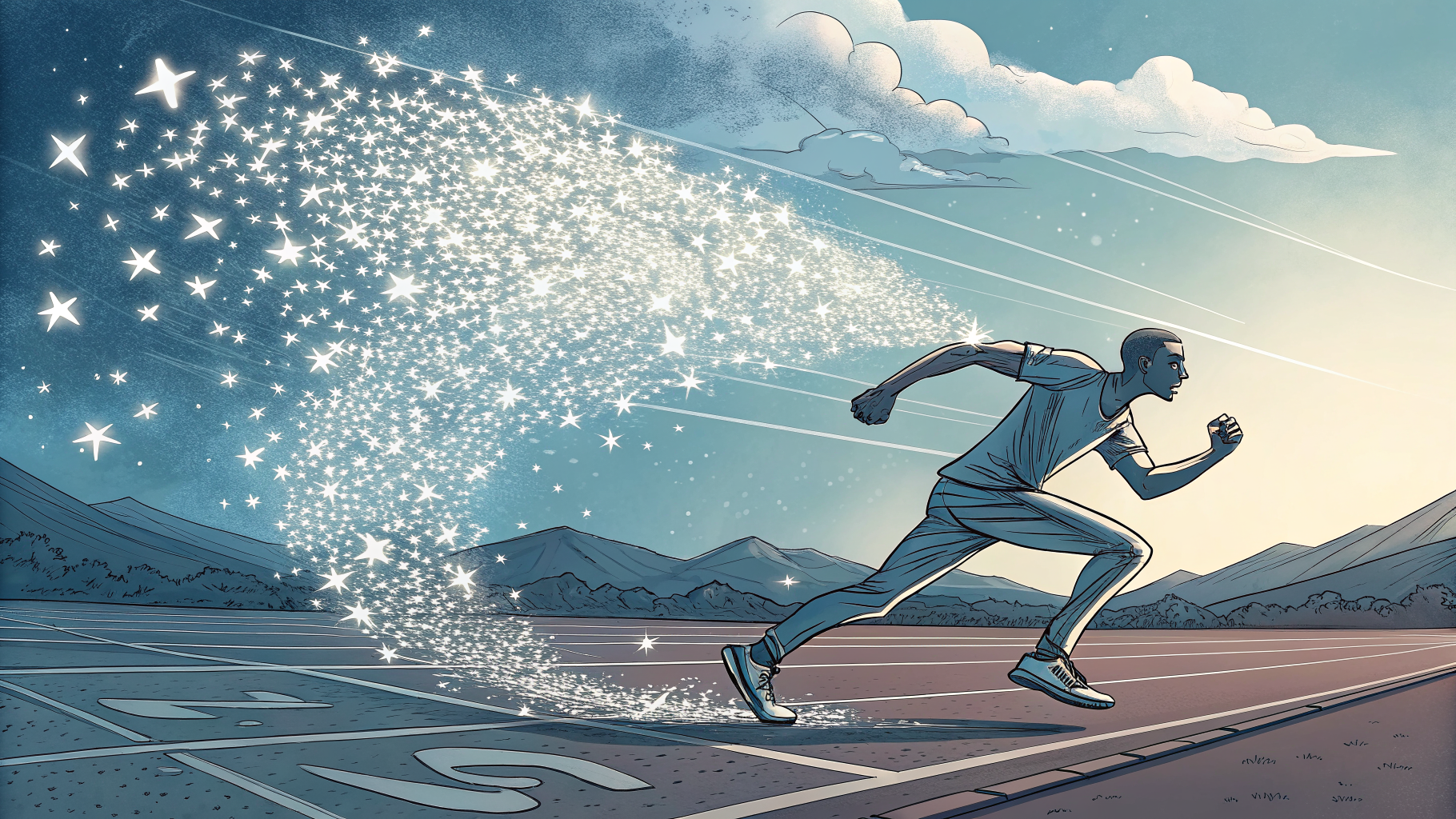 Hand-drawn editorial illustration clean lines warm colors A sprinter mid-stride