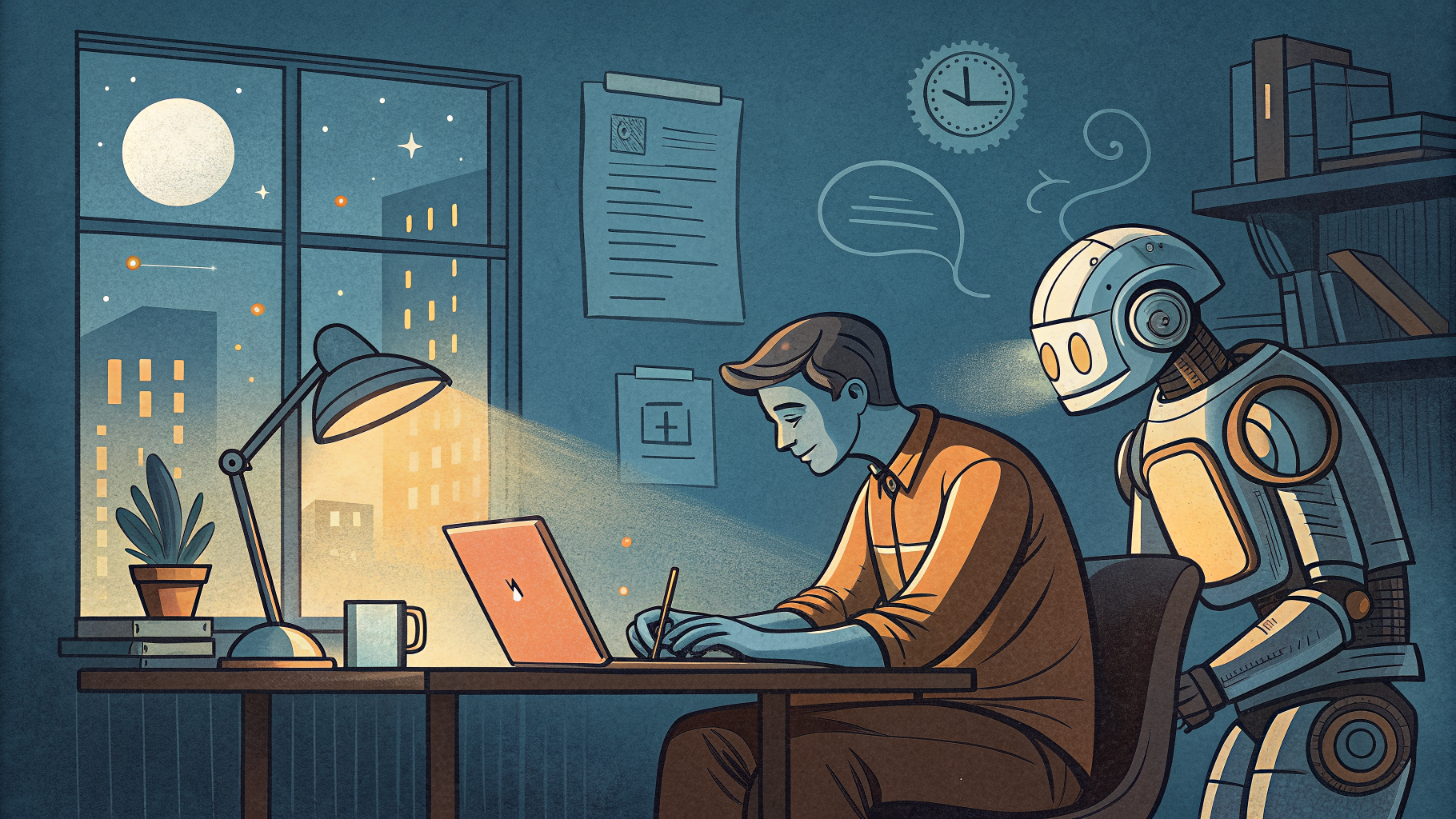 Hand-drawn editorial illustration clean lines warm colors A calm engineer