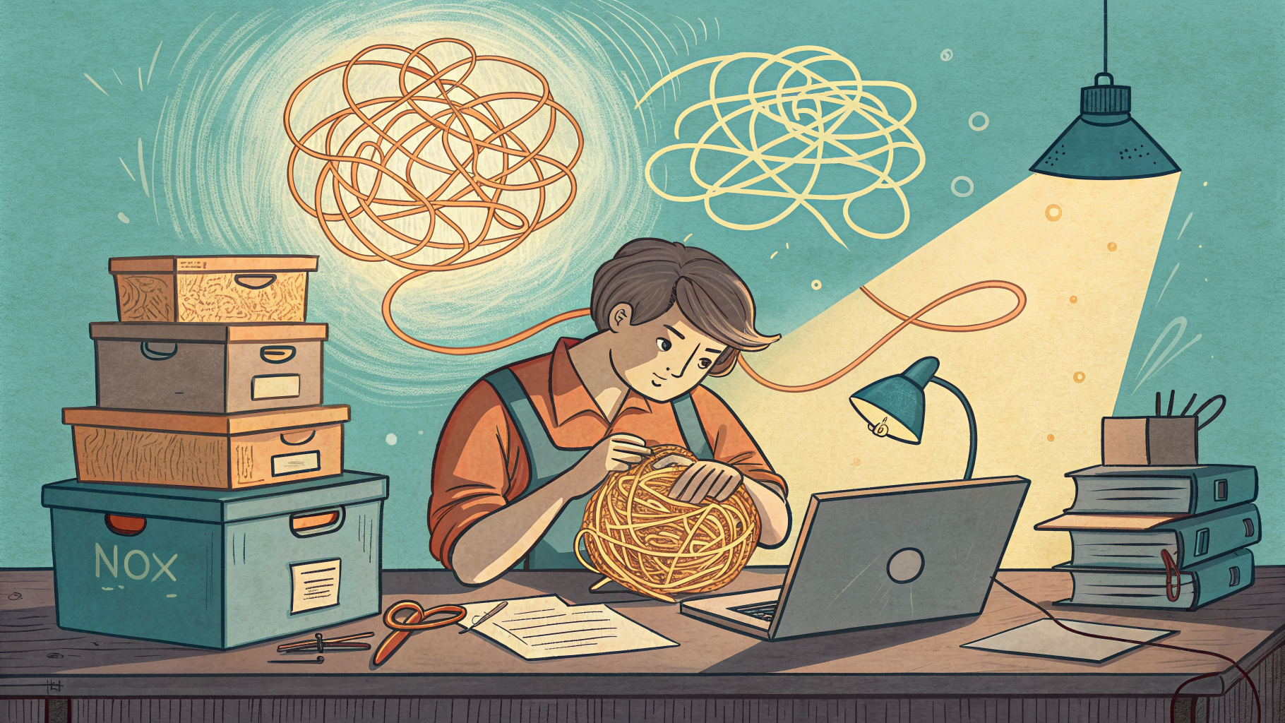 Hand-drawn editorial illustration clean lines warm colors A frustrated worker