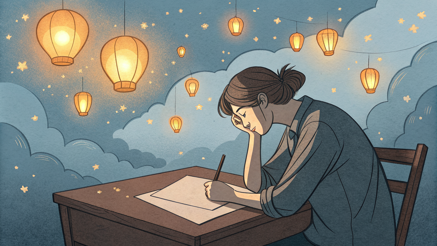 Hand-drawn editorial illustration clean lines warm colors A person at