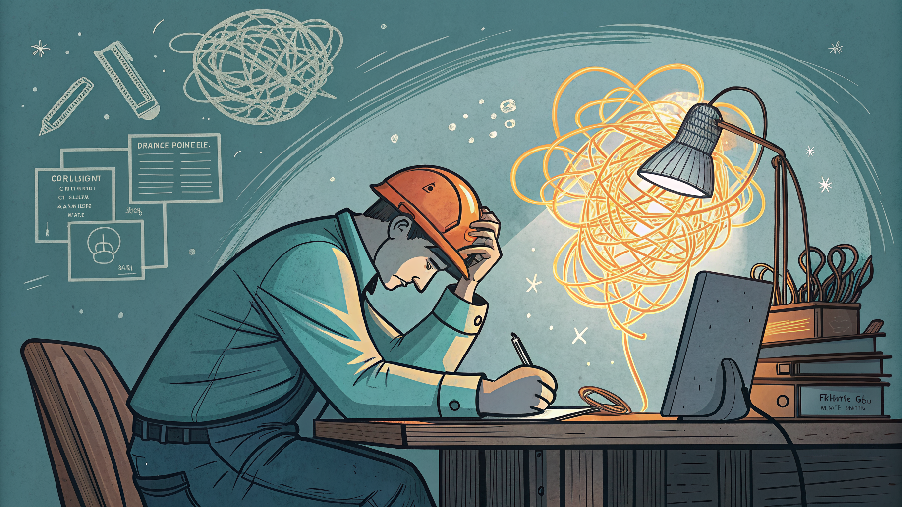 Hand-drawn editorial illustration clean lines warm colors A weary engineer
