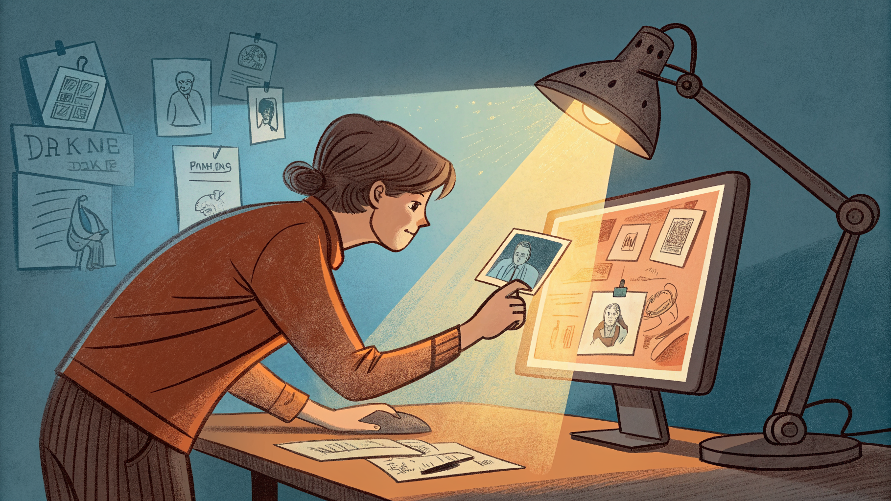 Hand-drawn editorial illustration clean lines warm colors A person leans