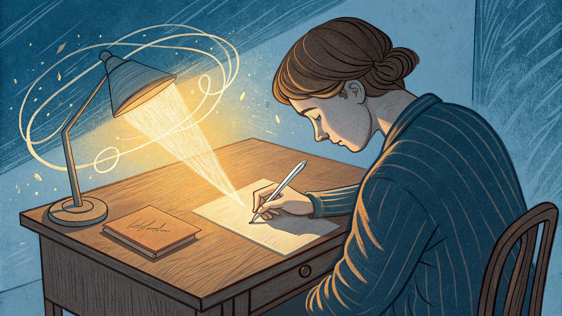 Hand-drawn editorial illustration clean lines warm colors A writer at