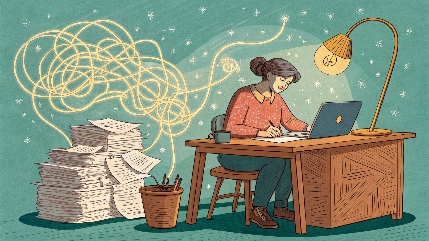 Hand-drawn editorial illustration clean lines warm colors A freelancer at